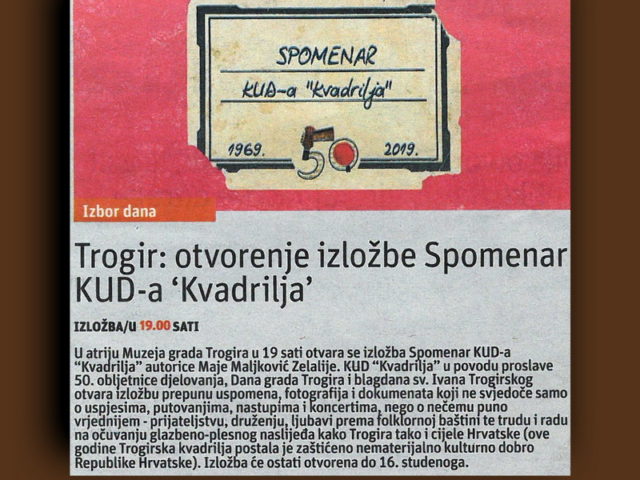 Izložba KUD-a Kvadrilja, muzej grada Trogira.05.-16. Studenoga – 2019.